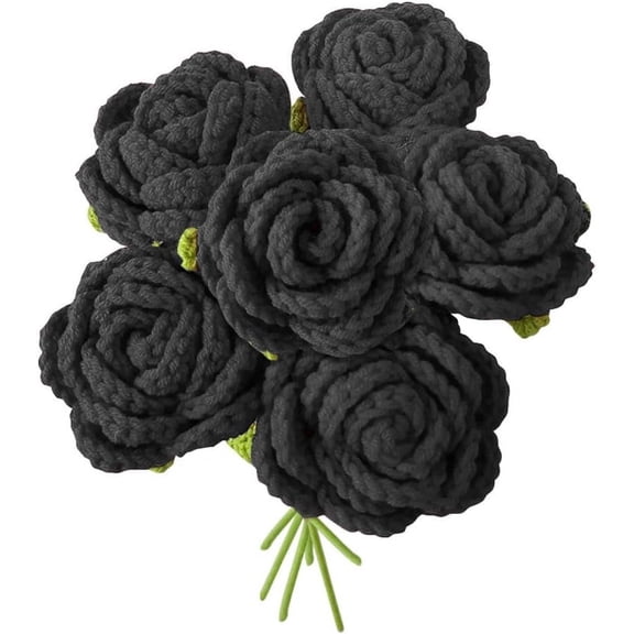 JOONOR 6PCS Hand-Woven Roses,Crochet Rose Flower Bouquet, Hand-Knitted Black Rose Artificial Flowers Suitable for Anniversaries Celebrations Birthday Gift Wedding Decor