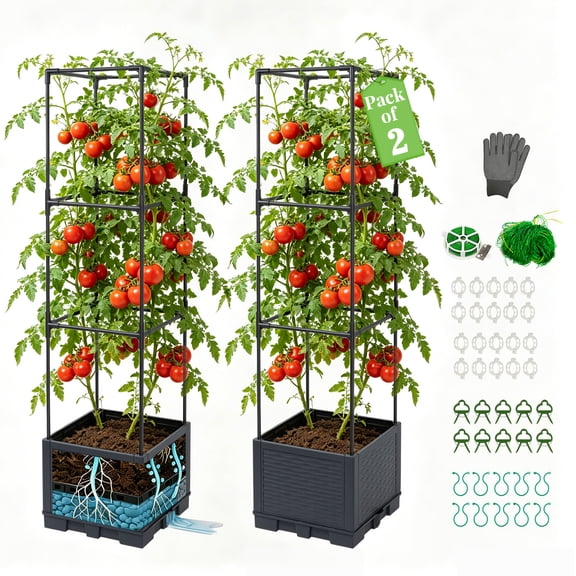 JOPESO 2 Pack Tomato Planter with Trellis 43", Self Watering Planter Box with Trellis, Vertical Raised Garden Bed for Climbing Vegetables Indoor Outdoor Patio