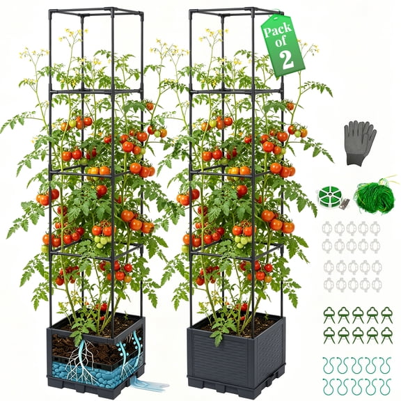 JOPESO 2 Pack Tomato Planter with Trellis 55", Self Watering Planter Box with Trellis, Vertical Raised Garden Bed for Climbing Vegetables Indoor Outdoor Patio