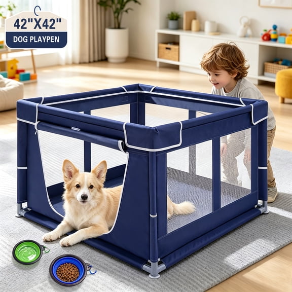 JOPESO 42 Inch Puppy Playpen with Gate, Pet Dog Playpen for Small Medium Dogs, Indoor Outdoor Dog Fence Pen with Thickened 600D Oxford Fabric