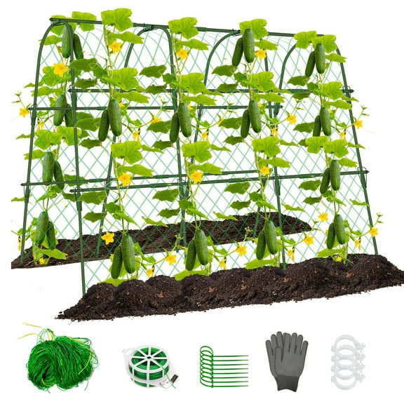 JOPESO 63"x48" Garden Trellis For Climbing Plants Outdoor, U-Shape Cucumber Trellis For Raised Bed, Metal Arch Trellis With Garden Netting For Vegetables Tomato Pea Zucchini Squash