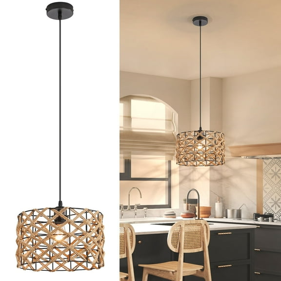 JOPESO Adjustable Height Boho Rattan Hanging Lamp, Industrial Pendant Lighting For Kitchen Island Bedroom Living Dining Room