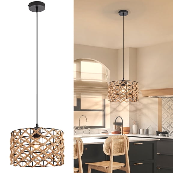 JOPESO Pendant Lights Wicker Cone Hanging Lamp Coasrtal Farmhouse Pendant Lighting For Kitchen Island Bedroom Living Dining Room
