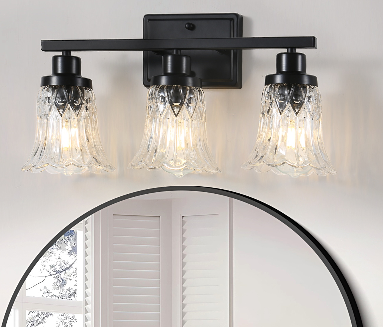 JOPESO Bathroom Light Fixtures, 3 Light Black Modern Vanity Lights with Clear Flower Crystal Glass Shade, Wall Lamp for Bathroom Mirror Kitchen Living Room Hallway Cabinet Porch , 3 Bulbs Include