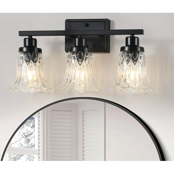 JOPESO Bathroom Light Fixtures, 3 Light Black Modern Vanity Lights with Clear Flower Crystal Glass Shade, Wall Lamp for Bathroom Mirror Kitchen Living Room Hallway Cabinet Porch , 3 Bulbs Include