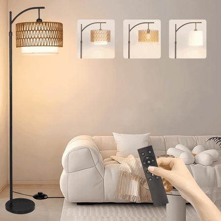 JOPESO Floor Lamp with Remote Boho Standing Lamp with 3 Color Temperatures Adjustable Tall Lamps Dimmable 2.4G Bulb Rattan Lampe with Fabric Shades for Living Room Bedroom