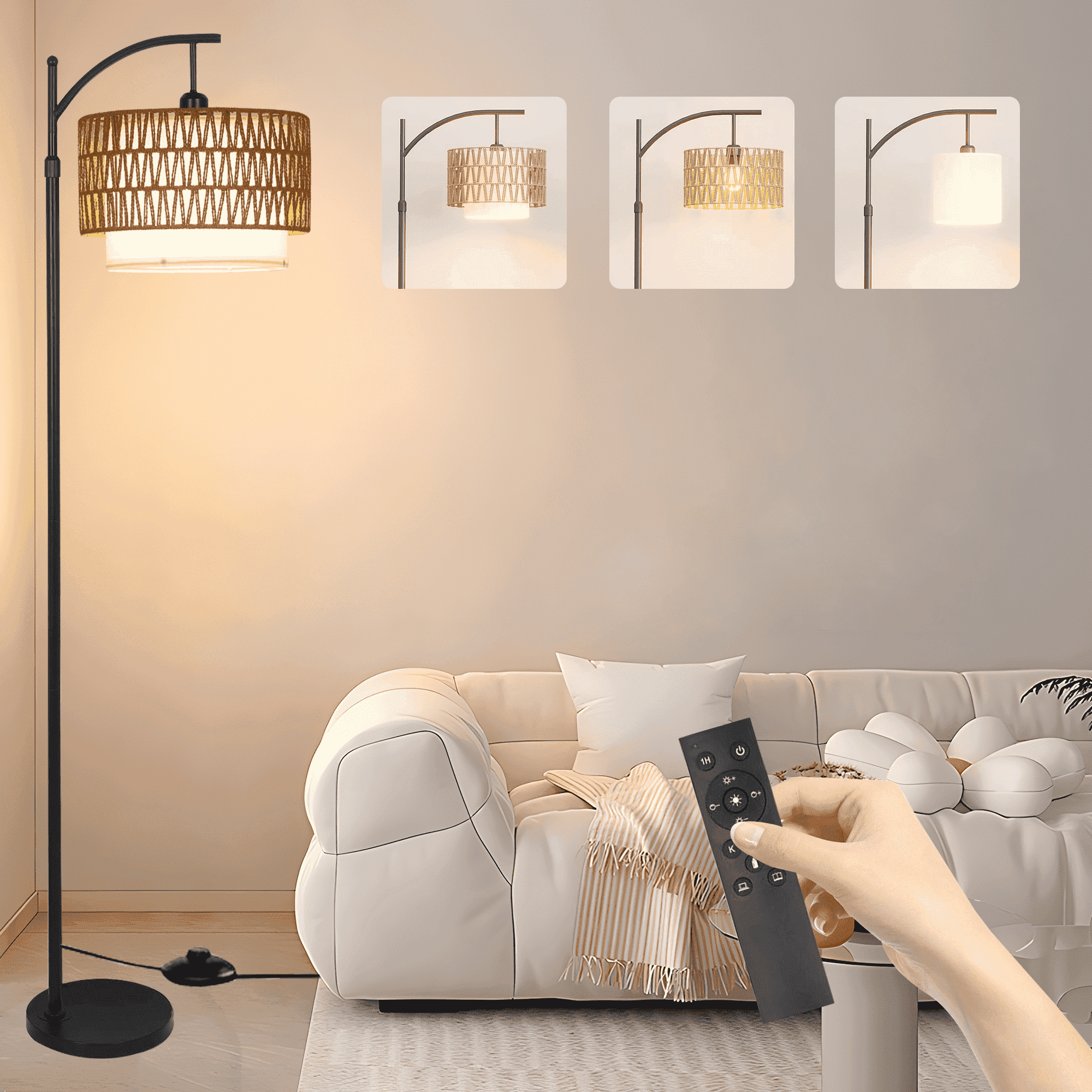 JOPESO Boho Floor Lamp with Remote, Standing Lamp with 3 Color Temperatures Adjustable Tall Lamps Dimmable Rattan Lampe with Fabric Shades for Living Room Bedroom