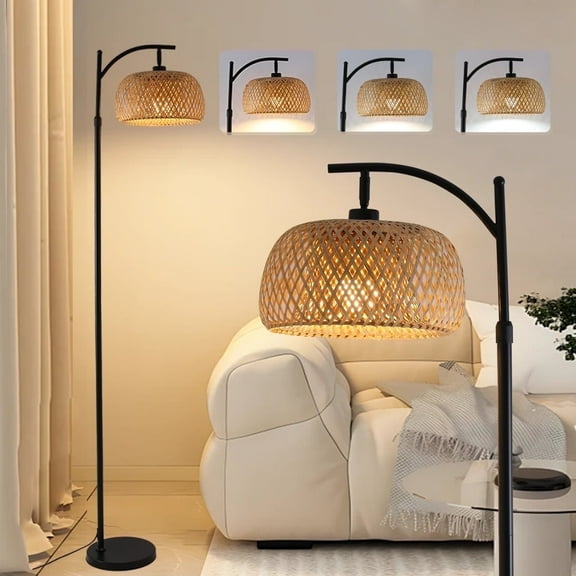 JOPESO Floor Lamp with Remote Boho Standing Lamp with 3 Color Temperatures Adjustable Tall Lamps Dimmable 2.4G Bulb Bamboo Rattan Lampe with Fabric Shades for Living Room Bedroom