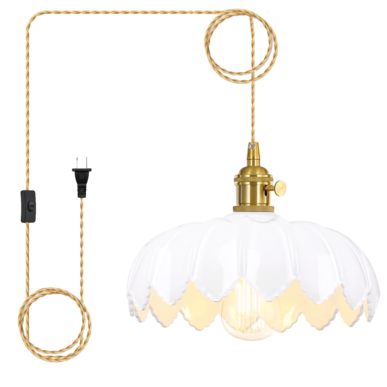 Qufute Plug-in Pendant Light – Vintage Clear Glass Dome Shade With 14.7ft Cord, Gold Brushed Brass, Adjustable Hanging Lamp