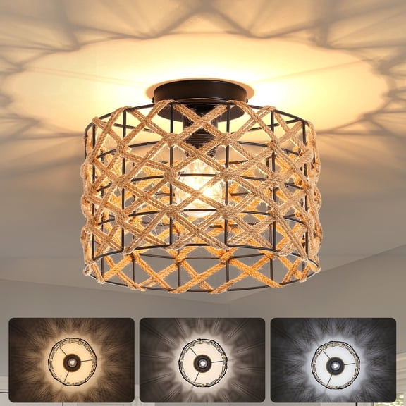 JOPESO Rattan Ceiling Light Fixtures, Bohemian Hand-Woven Flush Mount Ceiling Light for Farmhouse Kitchen Bedroom Living Room Dining Room