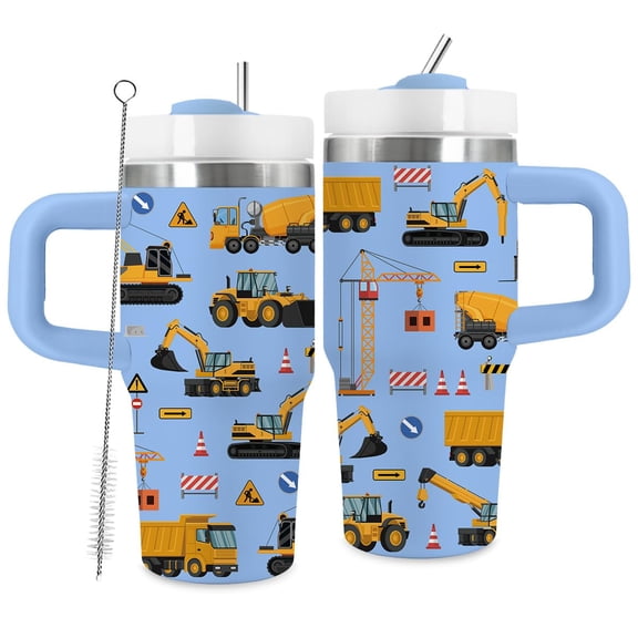 JOPJOLIW 14oz Construction Truck Tumbler with Handle and Straw for Boys, Monster Truck Tumblers, Fathers Day Birthday Gifts for Men Boy, Double Wall Vacuum Reusable Cup