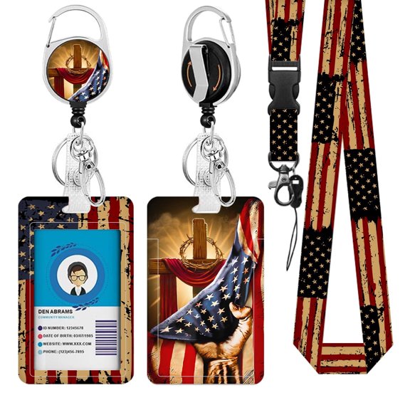 JOPJOLIW American Flag Lanyards ID Badge, USA Flag ID Badge Holder with Retractable Reel Clip and Keychain, Vertical Identity Badge Cover Case Protector for Teacher Nurse Gifts for Christmas