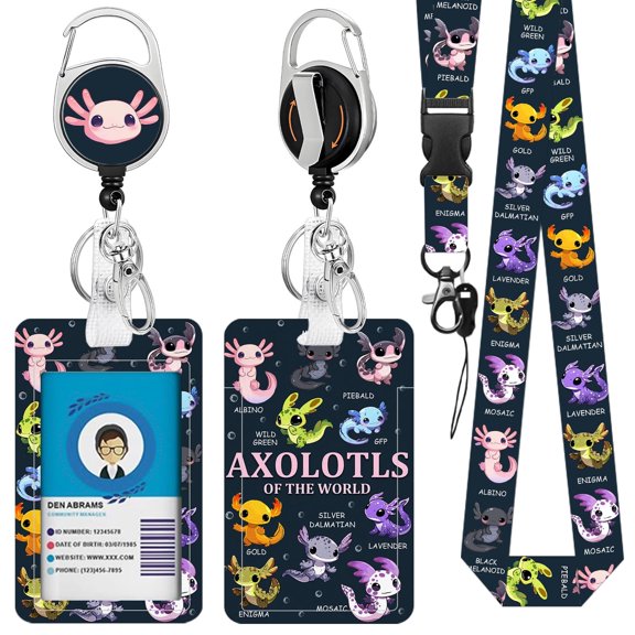 JOPJOLIW Axolotl ID Badge Holder with Lanyards, Lanyards with Retractable Reel Clip and Keychain, Teacher Lanyard with Id Holder with Name Tag, Salamander Identity Card Protector for Nurse Student