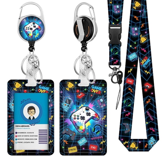 JOPJOLIW Blue Game Console Lanyards for ID Badge, Lanyard ID Card Holder with Retractable Reel Clip and Keychain, Vertical Identity Badge Cover Case Protector for Student Teacher Nurse