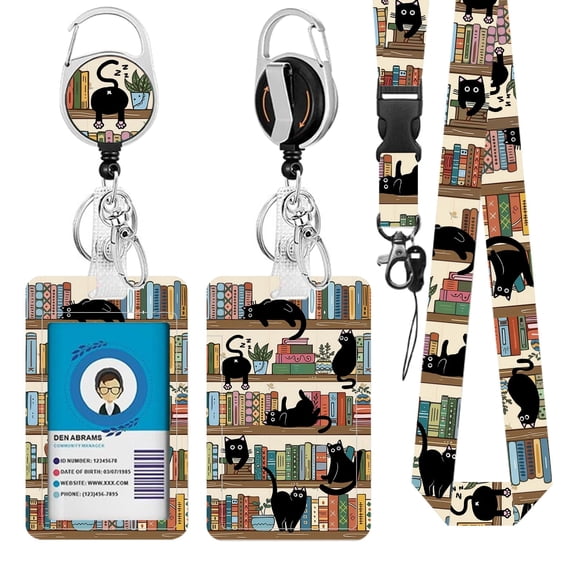 JOPJOLIW Book Lanyards for ID Badge, Library Cat ID Badge Holder with Retractable Reel Clip and Keychain, Gifts for Librarian, Vertical Identity Badge Cover Case Protector for Student Teacher Nurse