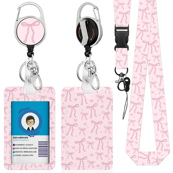 JOPJOLIW Bow Badge Holder with Lanyard, Beautiful Bow ID Badge Holder with Retractable Reel Clip and Keychain, Vertical Identity Card Cover Case Protector for Nurse Teacher