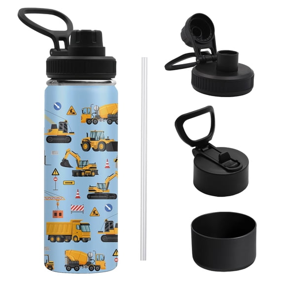 JOPJOLIW Construction Truck Water Bottle for Boys, 18oz Leak-proof Tumbler with 2 Lids & Handle, Antislip Silicone Boot, Monster Truck Birthday Gifts for Men, Stainless Steel Mug for Sports