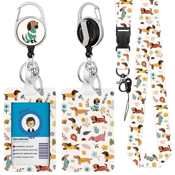 JOPJOLIW Dachshund ID Badeg Holder with Lanyard, Dog ID Badge Holder with Retractable Reel Clip and Keychain, Teacher Lanyard Id Holder, Vertical Identity Card Protector for Nurse Student