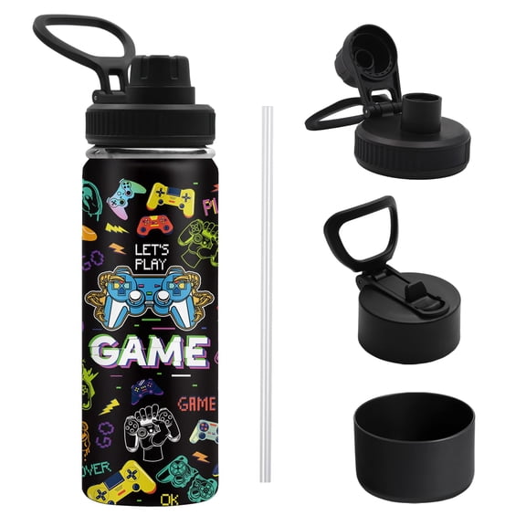 JOPJOLIW Game Water Bottle for Men & Women, Stainless Steel Insulated Tumbler with 2 Lids & Handle, Antislip Silicone Boot, 18oz Reusable Leak-proof Bottle for Sports