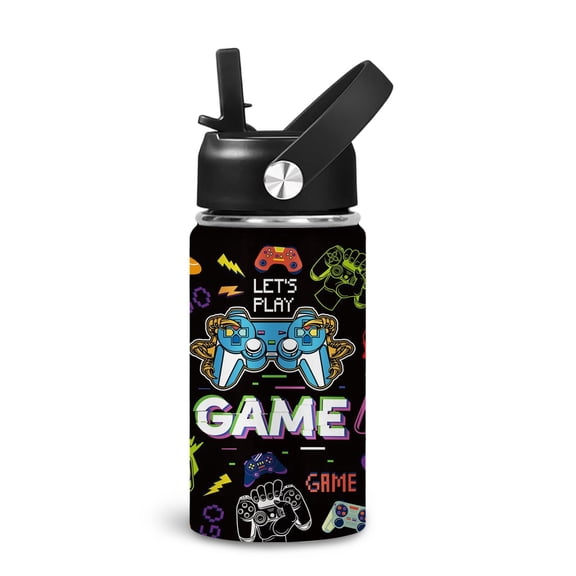 JOPJOLIW Gaming Gamer Gifts for Men, Video Game 14oz Water Bottle with Straw & Handle, Gamings Gamepad Tumblers for Adults, Birthday Gifts Gaming Mugs for Gamer Room Decor for Son, Men, Black 1-Pack