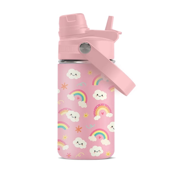JOPJOLIW Rainbow 12oz Water Bottle for Girls & Boys, Birthday Gift for Rainbow Lovers, Insulated Tumbler with Handle, Stainless Steel Reusable Leak-proof Cup for Sports Outdoor, White 1-Pack