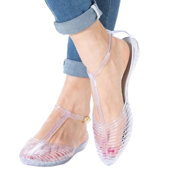 JOR Women's Beach Jelly Sandals 90S T-Strap Slingback Flat Clear Summer Rain Shoes