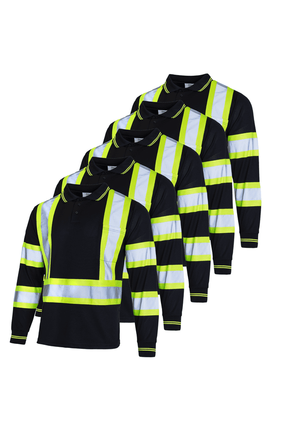 5-Pack Hi-Vis Long Sleeve Safety Polo Shirt, ANSI Class 1 (Black, XL)