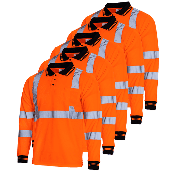 JORESTECH 5-Pack Hi-Vis Long Sleeve Safety Polo Shirt, ANSI Class 1 (Orange, XL)