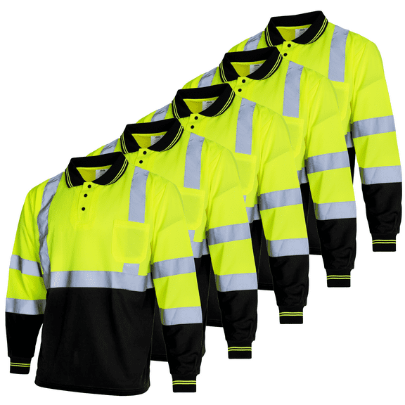 JORESTECH 5-Pack Hi-Vis Long Sleeve Safety Polo Shirt, ANSI Class 1 (Yellow/Black, S)