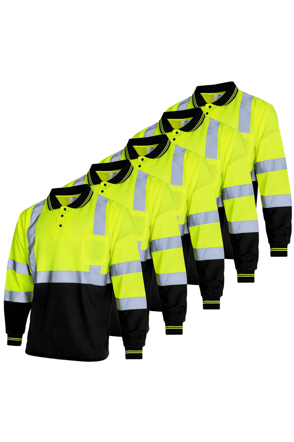 5-Pack Hi-Vis Long Sleeve Safety Polo Shirt, ANSI Class 1 (Yellow/Black, XL)