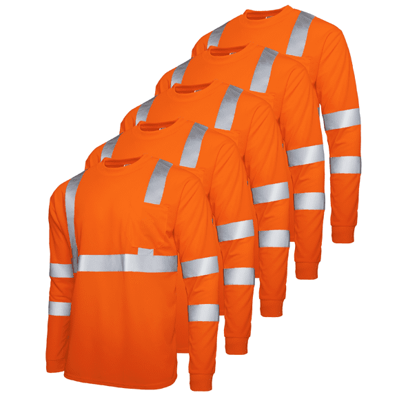 JORESTECH 5-Pack Hi-Vis Long Sleeve Safety Shirt, ANSI Class 3 (Orange, XL)