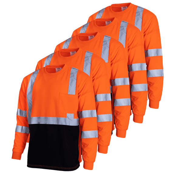 JORESTECH 5-Pack Hi-Vis Long Sleeve Safety Shirt, ANSI Class 3 (XL, Orange/Black)