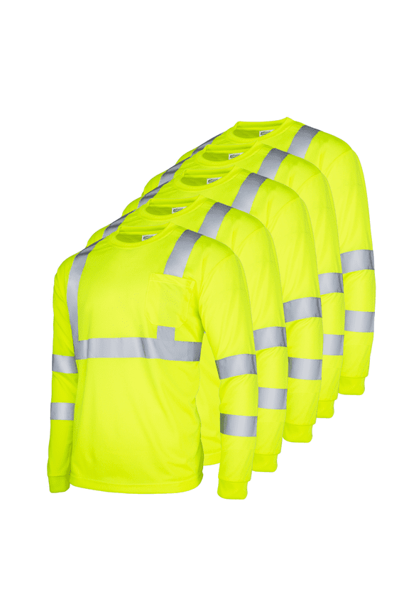 5-Pack Hi-Vis Long Sleeve Safety Shirt, ANSI Class 3 (Yellow, L)