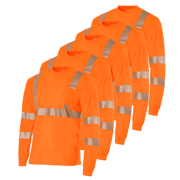 JORESTECH 5-Pack Hi-Vis Long Sleeve Safety Shirt, Heat Transfer, ANSI Class 2 (Orange, L)