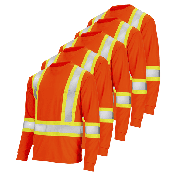 JORESTECH 5-Pack Hi-Vis Long Sleeve Safety Shirt, Two-Toned, CSA/ANSI Class 1 (Orange, XL)