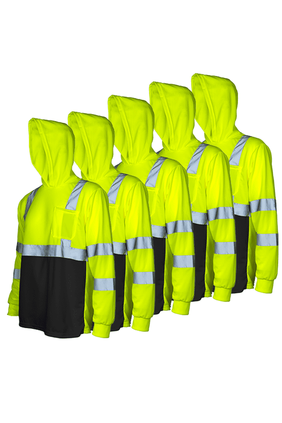 High Visibility Long Sleeve Safety Hoodie Shirts 5-Pack, ANSI/ISEA 107-2020 Class 3 Reflective Work T-Shirts with Pocket