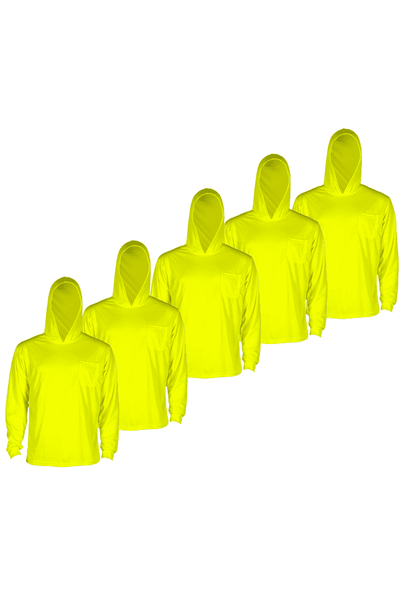 5-Pack Hi-Vis Long-Sleeved Work Safety T-Shirt with Hoodie, TS-23 (Yellow, L)