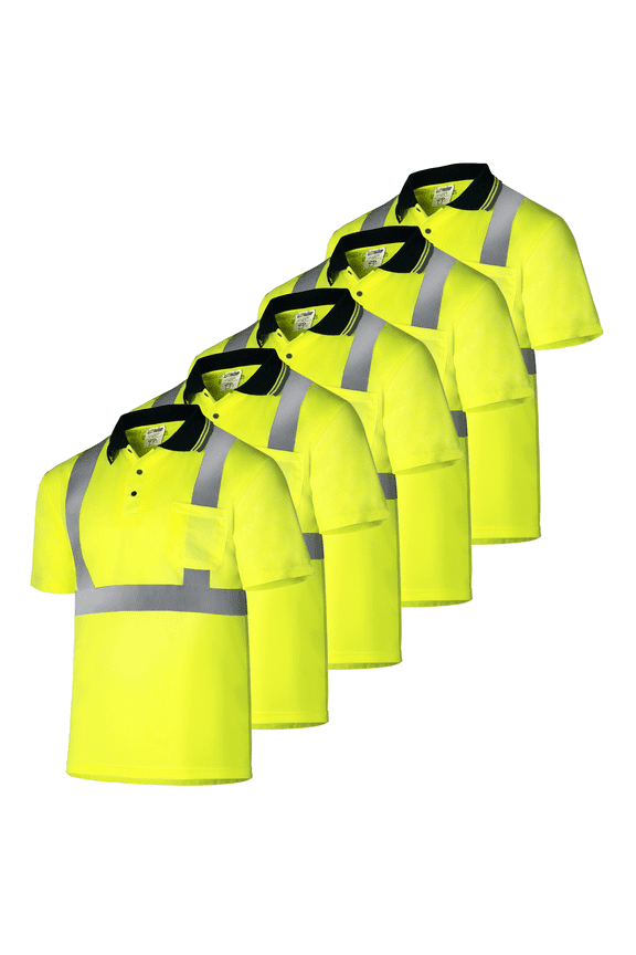 5-Pack Hi-Vis Short Sleeve Safety Polo Shirt, ANSI Class 2 (Yellow, 3XL)