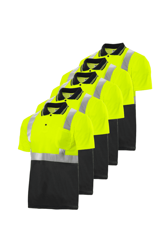 5-Pack Hi-Vis Short Sleeve Safety Polo Shirt, Two-Toned, ANSI Class 2 (Yellow/Black, 2XL)