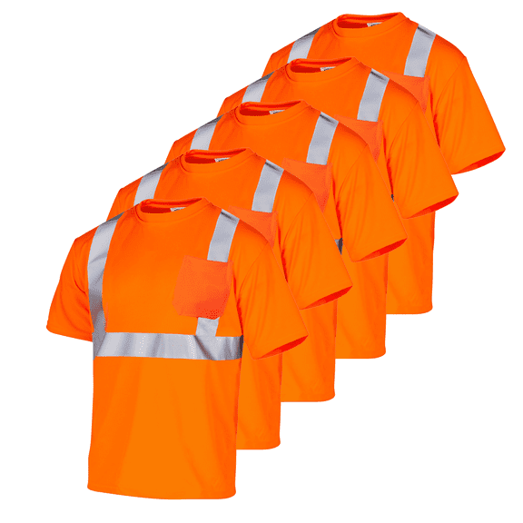JORESTECH 5-Pack Hi-Vis Short Sleeve Safety Shirt, Heat Transfer, ANSI Class 2 (Orange, 2XL)