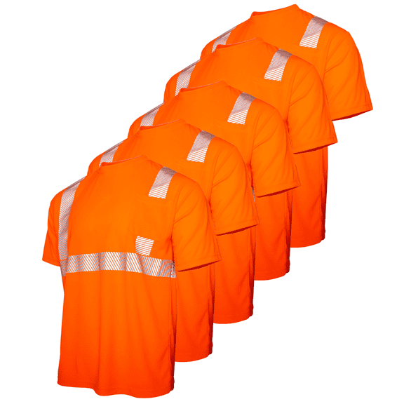 JORESTECH 5-Pack Hi-Vis Short Sleeve Safety Shirt, Heat Transfer, ANSI Class 2 (Orange, XL)