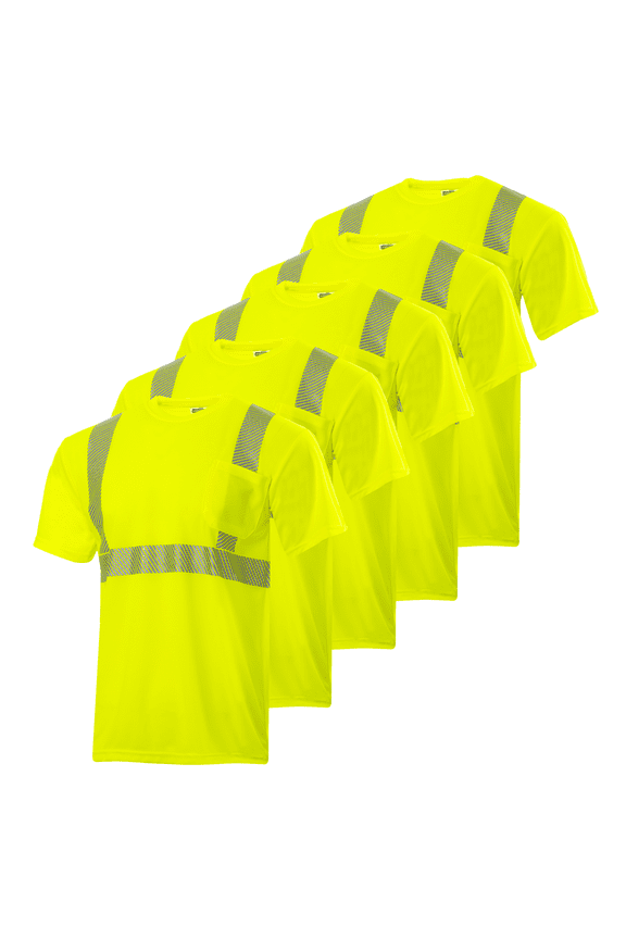 5-Pack Hi-Vis Short Sleeve Safety Shirt, Heat Transfer, ANSI Class 2 (Yellow, L)