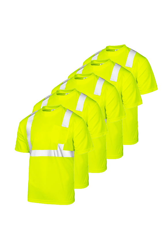 5-Pack Hi-Vis Short Sleeve Safety Shirt, Heat Transfer, ANSI Class 2 (Yellow, L)