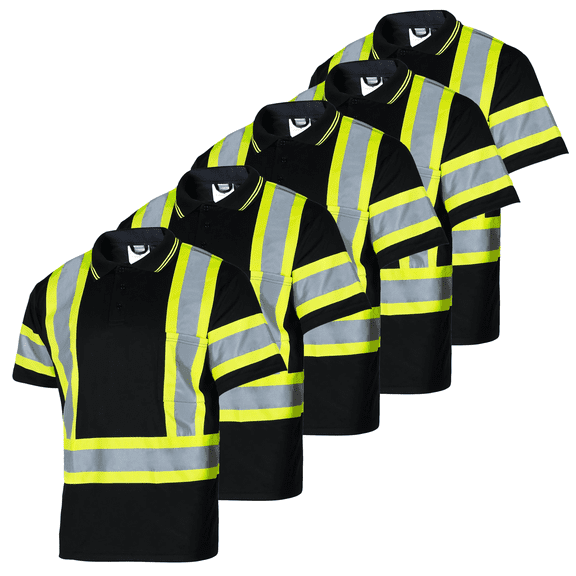 JORESTECH 5-Pack Hi-Vis Short-Sleeved, Two-Toned Work Safety Polo Shirt, PS-06 (Black, 4XL)
