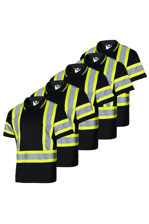 5-Pack Hi-Vis Short-Sleeved, Two-Toned Work Safety Polo Shirt, PS-06 (Black, M)