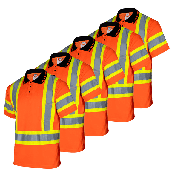 JORESTECH 5-Pack Hi-Vis Short-Sleeved, Two-Toned Work Safety Polo Shirt, PS-06 (Orange, 3XL)