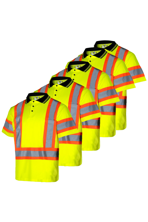 5-Pack Hi-Vis Short-Sleeved, Two-Toned Work Safety Polo Shirt, PS-06 (Yellow, XL)