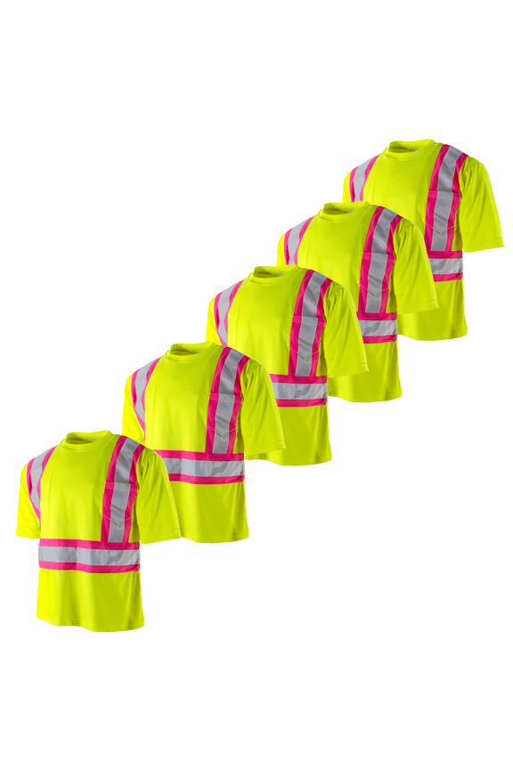 5-Pack Hi-Vis Short-Sleeved, Two-Toned Work Safety T-Shirt, TS-21 (Yellow/Pink, XL)