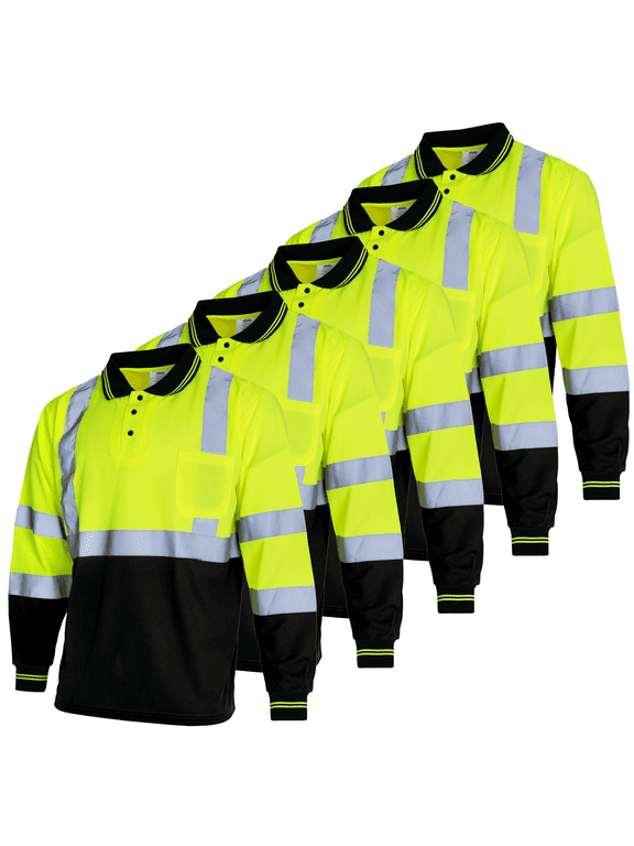 5-PackHi-Vis Long Sleeve Safety Polo Shirt, ANSI Class 1 (Yellow/Black, 2XL)