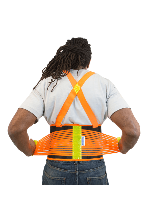 Hi-Vis Adjustable Back Support Belt with Suspenders and Reflective Strips (L)